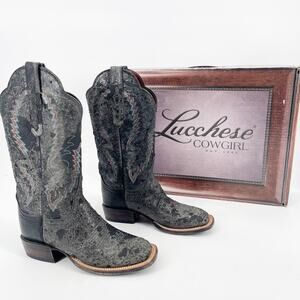 Lucchese Black Deep Space Destroyed Square Toe Western Cowgirl Boot size 6.5
